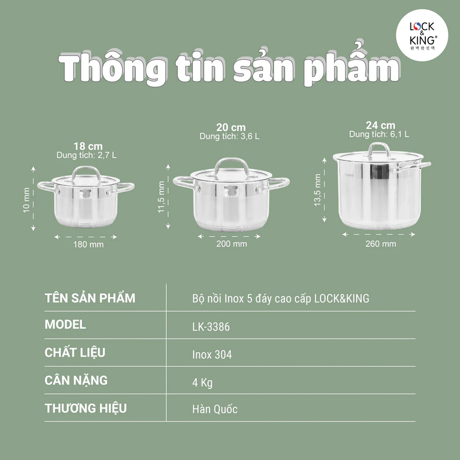 Đôi nét thông tin về Bộ Nồi Inox 5 Đáy Cao Cấp Lock&King LK-338