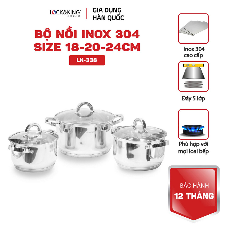 Bộ nồi Inox 304 cao cấp Lock&King thân cao