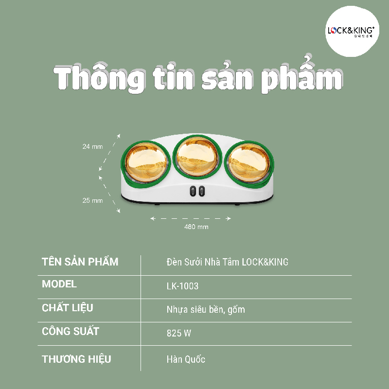 Thông tin về Đèn sưởi nhà tắm 3 bóng cao cấp Lock&King LK-1003