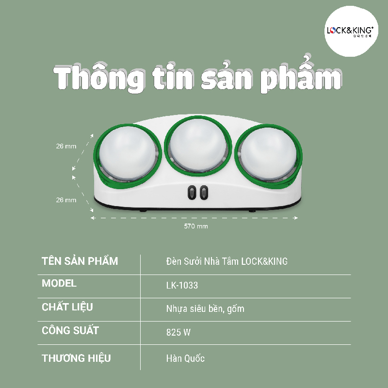 Đôi nét thông tin về sản phẩm Đèn sưởi nhà tắm 3 bóng Lock&King LK-1033