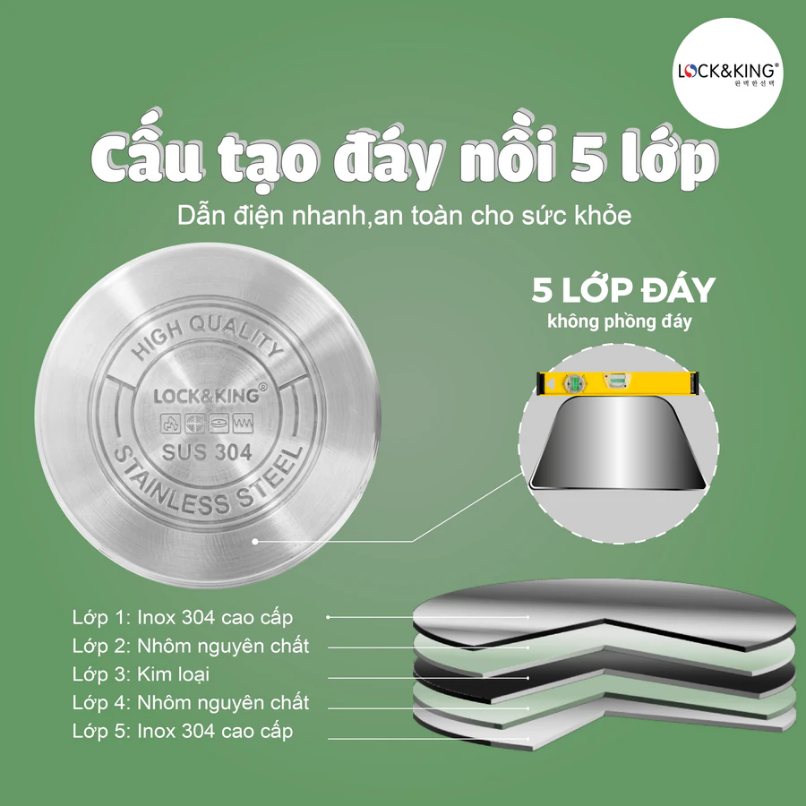 Nồi Luộc Gà Hấp Đa Năng Lock&King LK-3226 cấu tạo đáy 5 lớp dẫn nhiệt tốt nhất