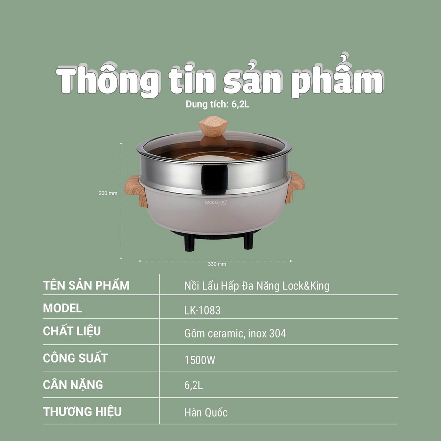 Thông tin kỹ thuật về Nồi lẩu hấp đa năng Lock&King LK-6201