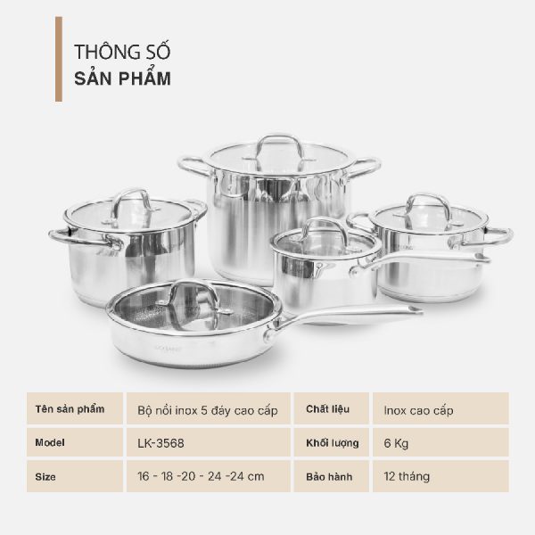Bộ Nồi Inox 5 Đáy Cao Cấp Lock&King LK-3568