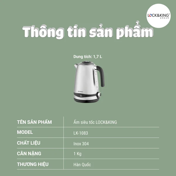 Ấm Siêu Tốc Lock&King LK-1083 – Sôi Nhanh, Bền Lâu, Chuẩn Hàn