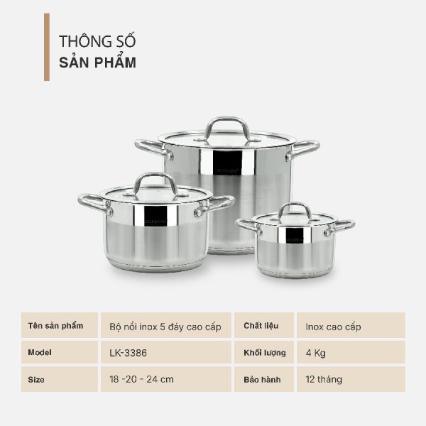 Bộ Nồi Inox 5 Đáy Cao Cấp Lock&King LK-3386