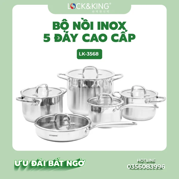 Bộ Nồi Inox 5 Đáy Cao Cấp Lock&King LK-3568