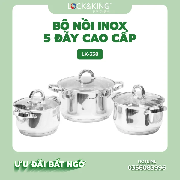 Bộ Nồi Inox 5 Đáy Cao Cấp Lock&King LK-338