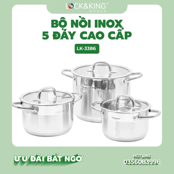 Bộ Nồi Inox 5 Đáy Cao Cấp Lock&King LK-3386