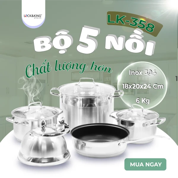 Bộ Nồi Inox 5 Đáy Cao Cấp Lock&King LK358