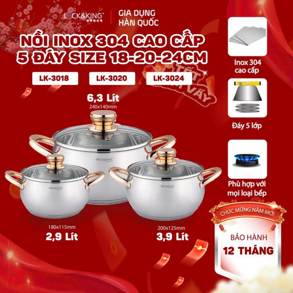 Bộ Nồi Inox 5 đáy Cao Cấp Lock&King LK-336