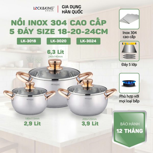 Bộ Nồi Inox 5 đáy Cao Cấp Lock&King LK-336
