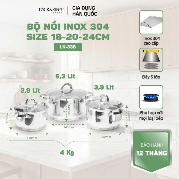 Bộ Nồi Inox 5 Đáy Cao Cấp Lock&King LK-338