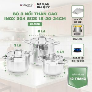 Bộ Nồi Inox 5 Đáy Cao Cấp Lock&King LK-3386