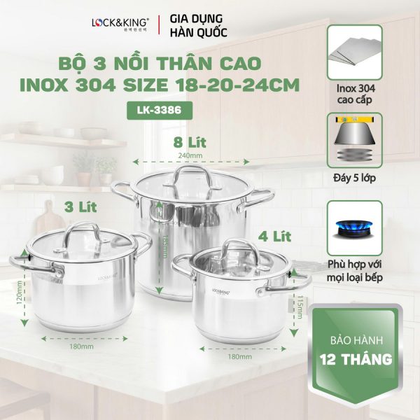Bộ Nồi Inox 5 Đáy Cao Cấp Lock&King LK-3386