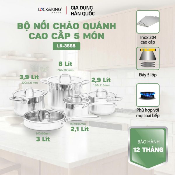 Bộ Nồi Inox 5 Đáy Cao Cấp Lock&King LK-3586