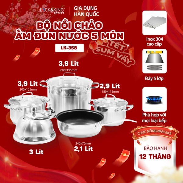 Bộ Nồi Inox 5 Đáy Cao Cấp Lock&King LK-358