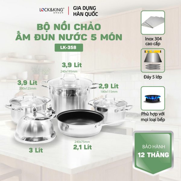 Bộ Nồi Inox 5 Đáy Cao Cấp Lock&King LK-358