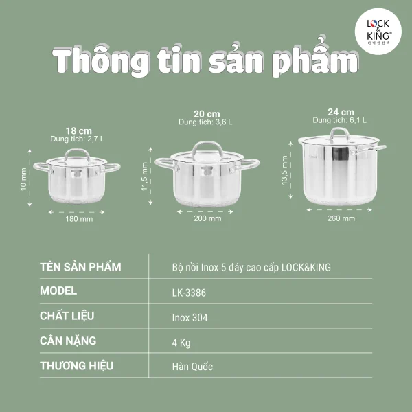 Bộ Nồi Inox 5 đáy Cao Cấp Lock&King LK336