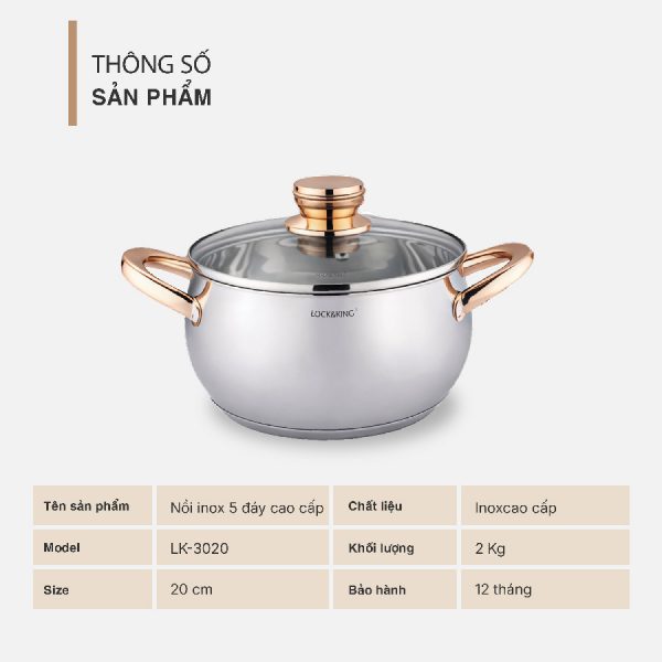 Nồi Inox 5 Đáy Cao Cấp Lock&King LK-3020