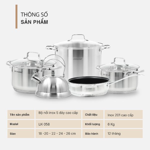 Bộ Nồi Inox 5 Đáy Cao Cấp Lock&King LK-358