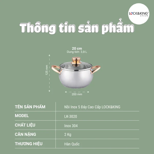 Nồi Inox 5 Đáy Cao Cấp Lock&King LK-3020
