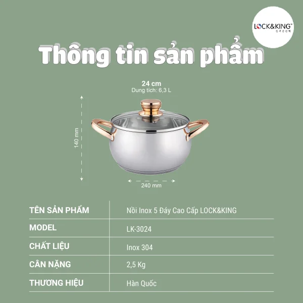 Nồi Inox 5 Đáy Cao Cấp Lock&King LK-3024