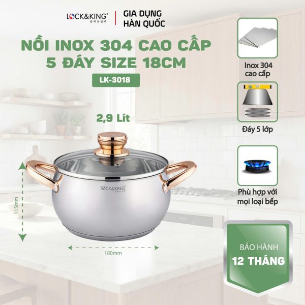 Nồi Inox 5 Đáy Cao Cấp Lock&King LK-3018