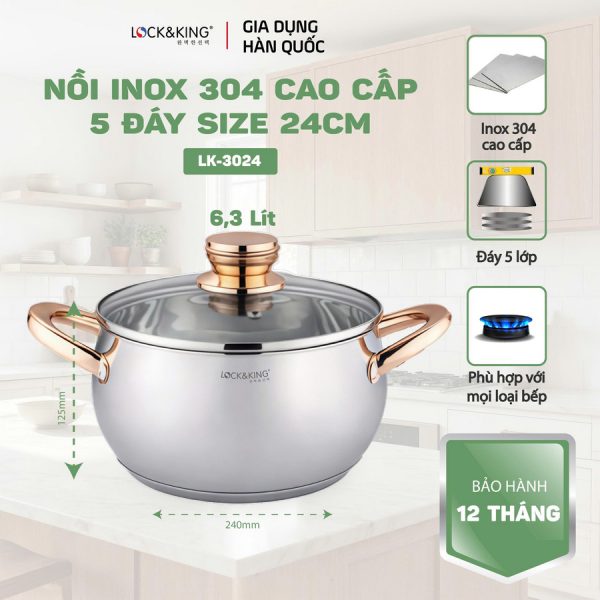 Nồi Inox 5 Đáy Cao Cấp Lock&King LK-3024
