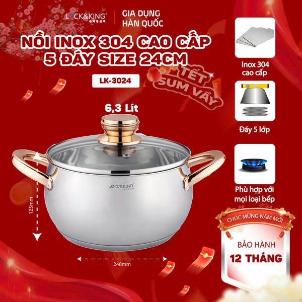 Nồi Inox 5 Đáy Cao Cấp Lock&King LK-3024