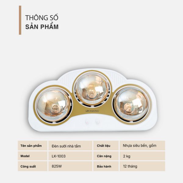 Đèn Sưởi Nhà Tắm 3 Bóng Cao Cấp Lock&King LK-1003