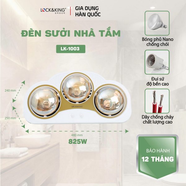 Đèn Sưởi Nhà Tắm 3 Bóng Cao Cấp Lock&King LK-1003
