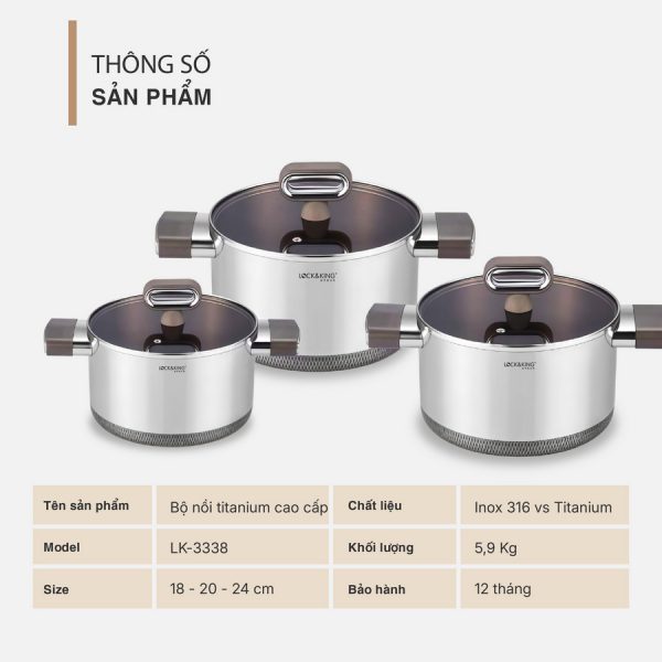 Bộ Nồi 3 Món Titanium Cao Cấp Lock&King LK-3338