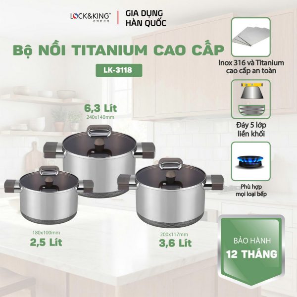 Bộ Nồi 3 Món Titanium Cao Cấp Lock&King LK-3338