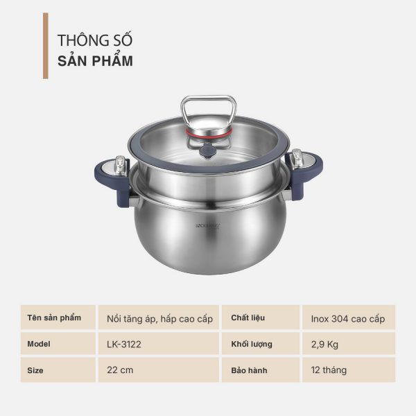 Nồi Tăng Áp, Hấp Cao Cấp Lock&King LK-3122